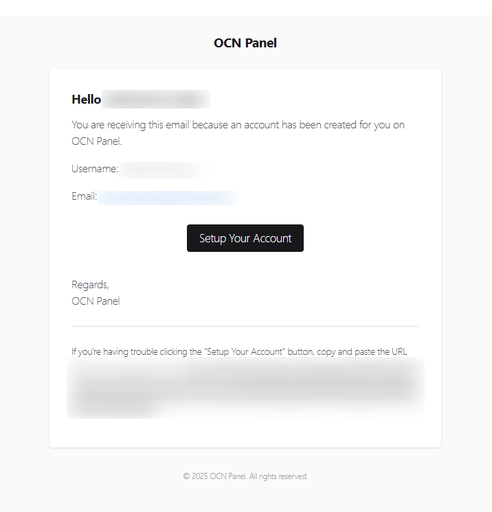 OCN Panel account setup email with username and Setup Your Account button