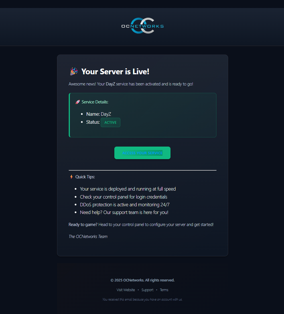 Server activation confirmation showing DayZ server is live with status active and quick tips