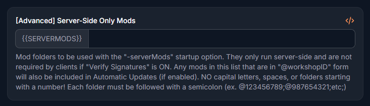 Server-Side Only Mods field in OCN Panel Startup tab