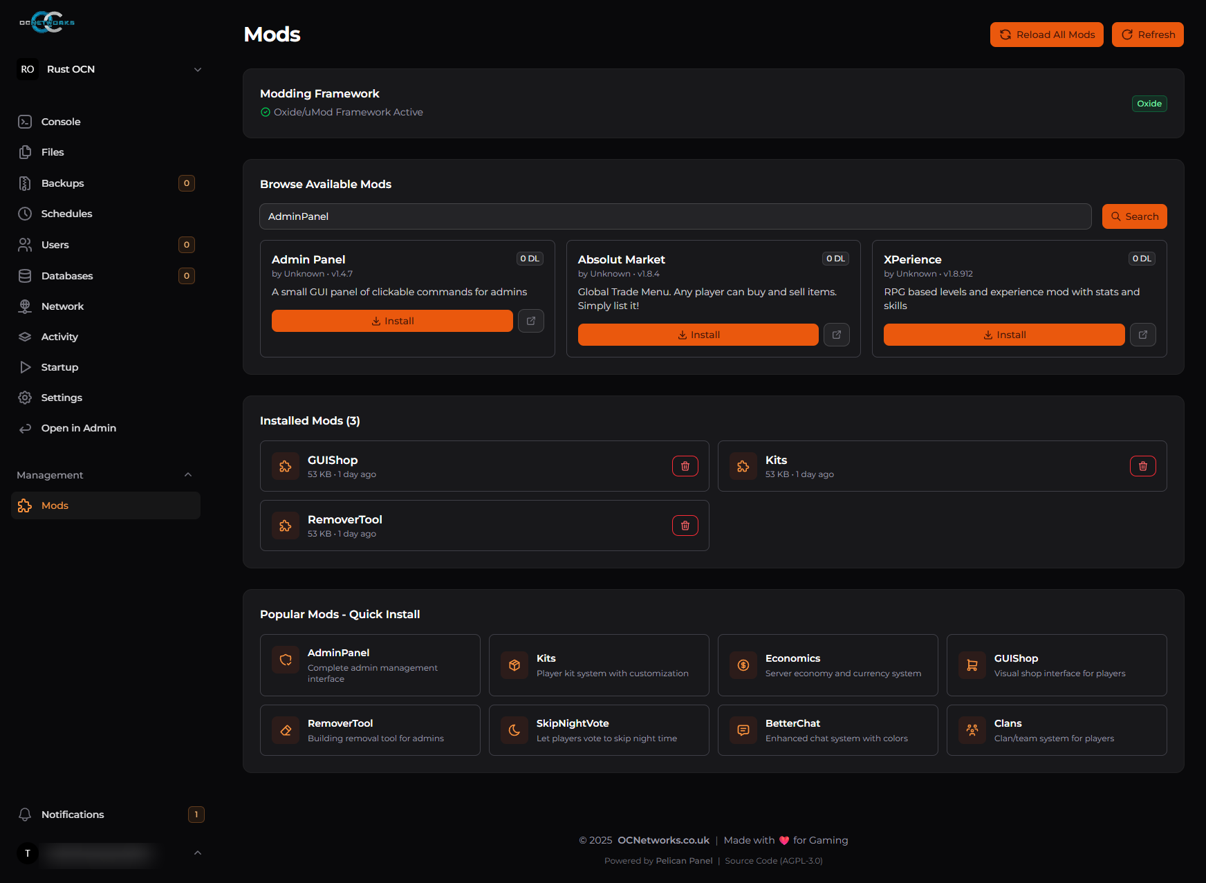 Pelican Panel - Mods tab showing available plugins and installed mods