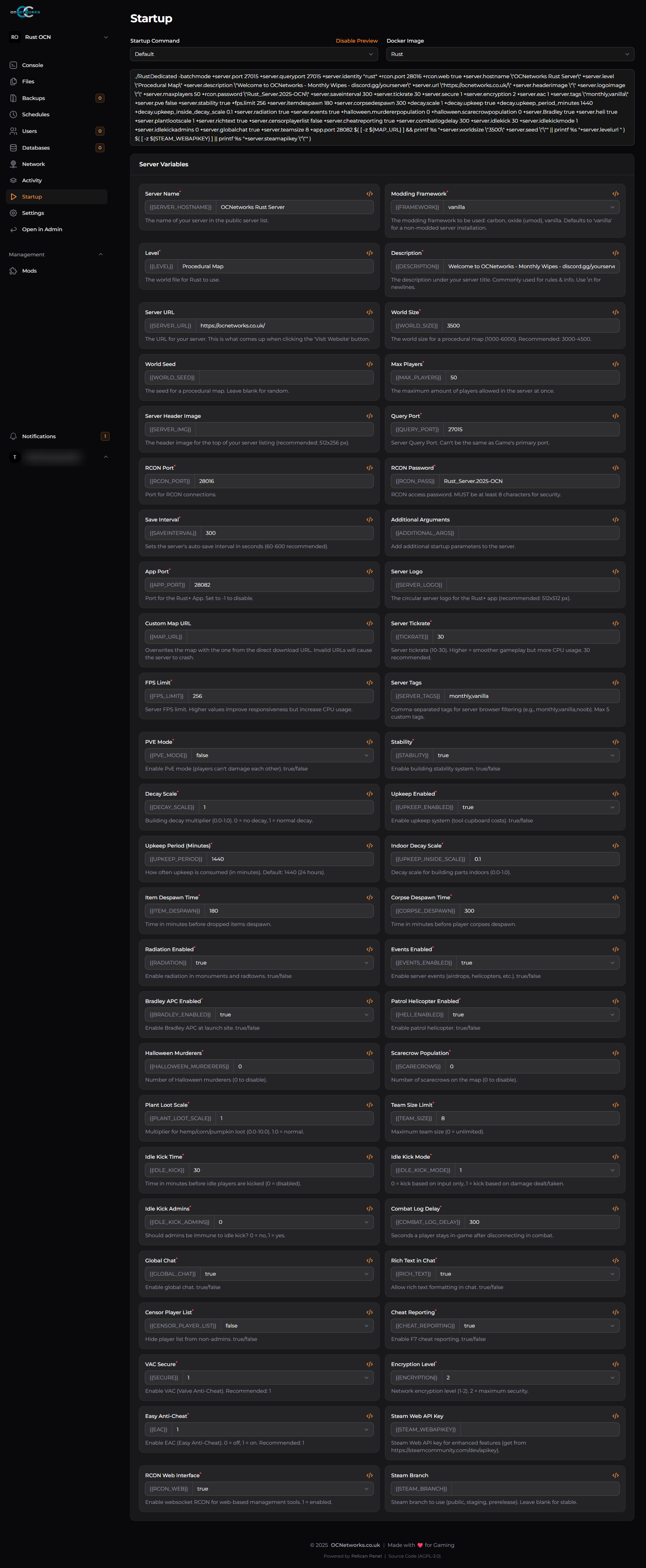 Pelican Panel - Startup tab showing all configurable server parameters